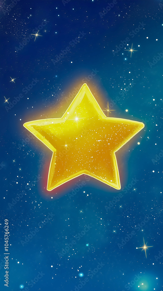 A shining star in the night sky, glowing brightly in yellow. The star sparkles against the starry backdrop of the galaxy. A shining star in the night sky, glowing brightly in yellow. The star sparkles against the starry backdrop of the galaxy.