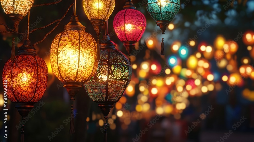 A vibrant display of colorful lanterns illuminating a festive scene during Shanteras celebrations. A vibrant display of colorful lanterns illuminating a festive scene during Shanteras celebrations.