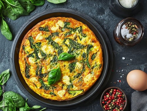 Frittata. The most popular Italian dishes. Round, thick omelette, often with visible vegetables. Composition: Eggs, vegetables (like spinach or zucchini), cheese, herbs.