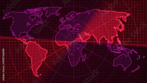 Digital World Map with Red Radar Design