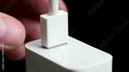 macro of man plugging in a USB cable to a phone or tablet ps charger on black background