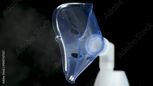 Nebulizer Inhaler mask close-up vaporizer on black background. Medical device. Treatment of colds. Macro, close up