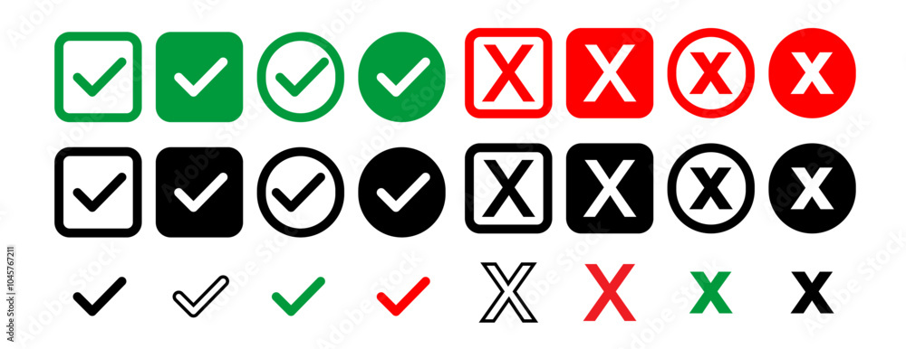Check mark icons. Modern label icons check mark on transparent background. Tick sign, exclamation mark and cross icons. Yes and No symbols. Trendy style. Check mark icons. Modern label icons check mark on transparent background. Tick sign, exclamation mark and cross icons. Yes and No symbols. Trendy style.