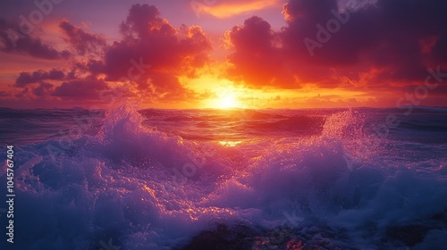 A vibrant sunset over ocean waves, creating a serene and picturesque coastal scene.