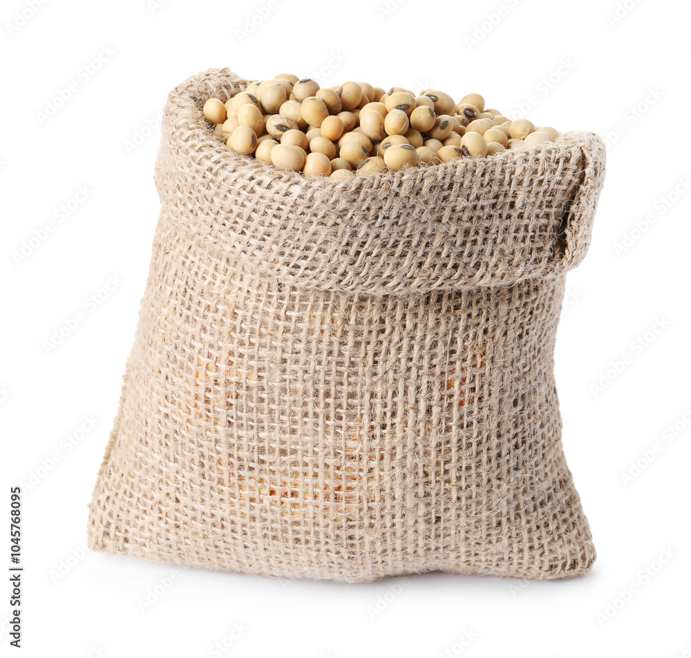 Soy beans in burlap sack isolated on white Soy beans in burlap sack isolated on white