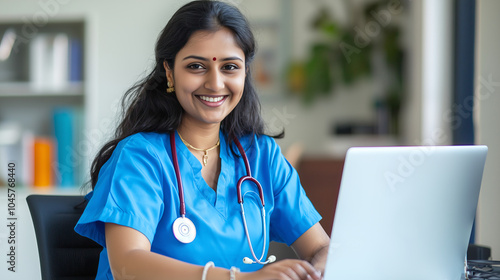 Indian medical professional in blue scrubs working on laptop in modern office photo