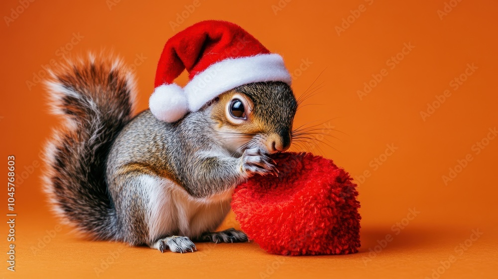 Squirrel Chewing on a Festive Santa Hat Squirrel Chewing on a Festive Santa Hat