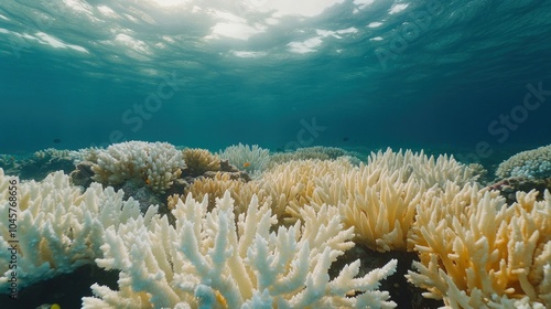 Fototapeta Naklejka Na Ścianę i Meble -  A view of a coral reef with bleached coral in the turquoise blue water.