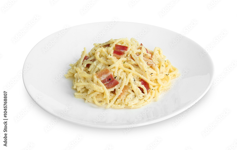 Delicious pasta Carbonara with bacon isolated on white Delicious pasta Carbonara with bacon isolated on white