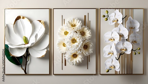 3 pieces of modern art flower canvas wall paintings for home decoration.  personalized content interior design mockup