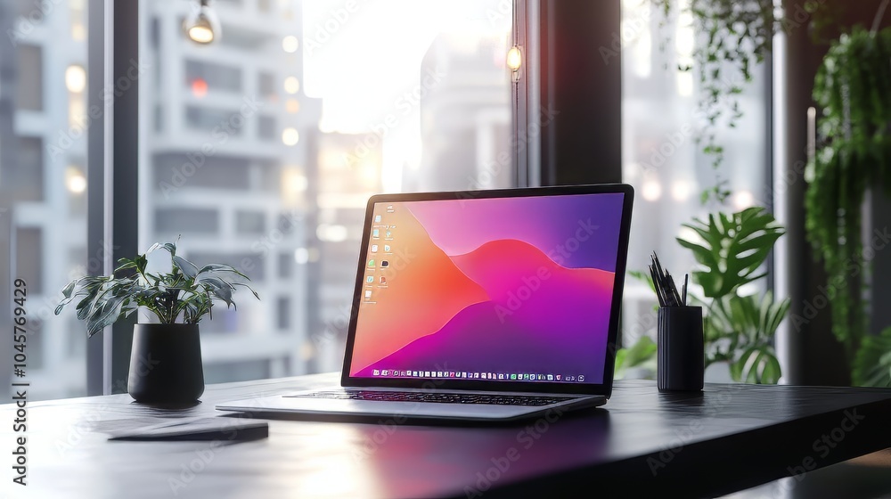 Laptop on an office table in front of large windows, open macos display with design software and graphic tools such as figma or sketchbook app. productivity tools. Ultra realistic. Photorealistic Laptop on an office table in front of large windows, open macos display with design software and graphic tools such as figma or sketchbook app. productivity tools. Ultra realistic. Photorealistic