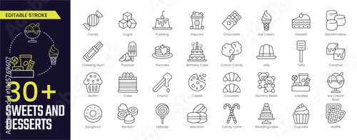 Sweets & Desserts Stroke icon collections. Containing Candy, Sugar, Cookie, Ice Cream, Cake, Pancake, Doughnut, Cotton Candy, sweets, and Caramel icons. Editable Stroke icon collection Outline icons