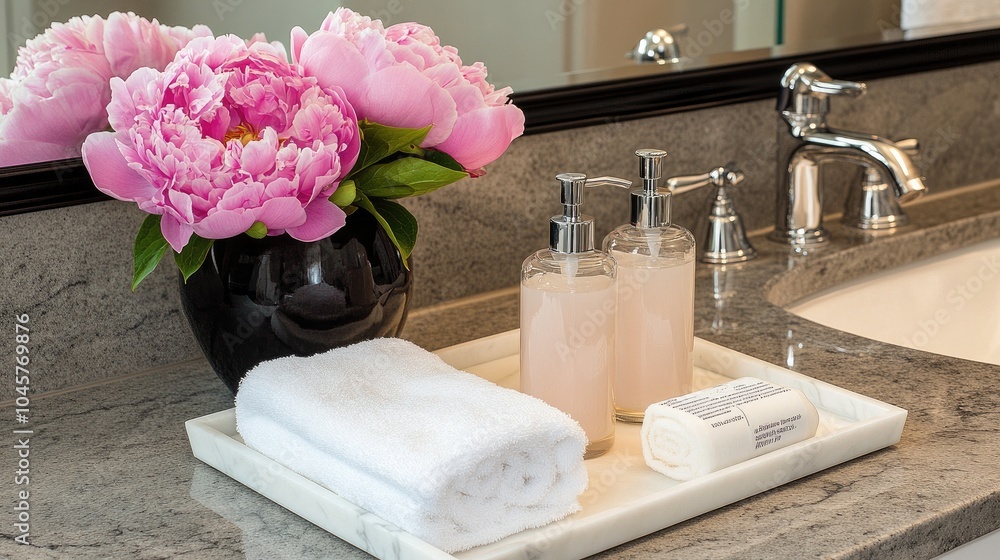 A gracefully styled bathroom counter features a white marble tray holding body washes, lotion, a fluffy towel, and pink peonies, creating an elegant and clean aesthetic A gracefully styled bathroom counter features a white marble tray holding body washes, lotion, a fluffy towel, and pink peonies, creating an elegant and clean aesthetic