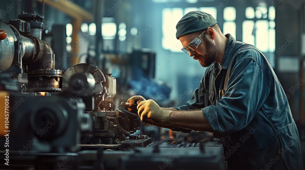 Male factory worker operating machinery at the factory. productivity tools. Ultra realistic. Photorealistic