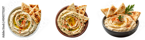 3D hummus plates with pita bread great for mediterranean food ads restaurant menus or healthy snack illustrations