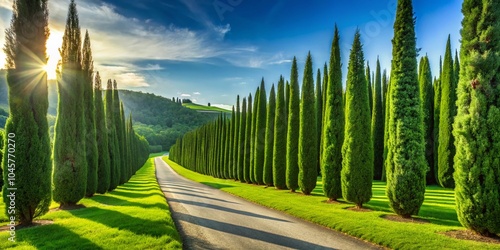 Leyland Cypress Trees Creating a Lush Green Hedge Along a Scenic Roadway photo