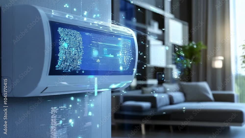 A contemporary air conditioning unit shows digital settings in a bright living room filled with modern furniture during the day A contemporary air conditioning unit shows digital settings in a bright living room filled with modern furniture during the day