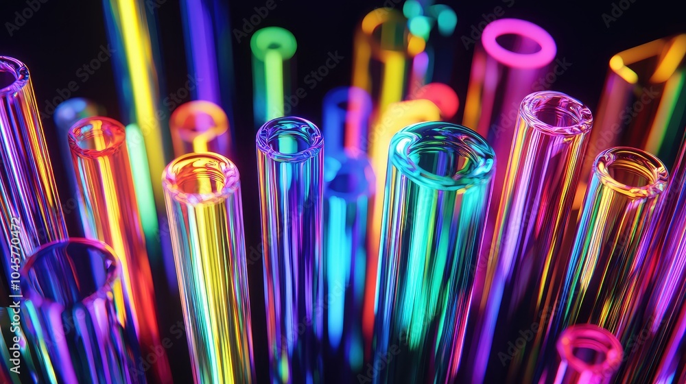 A close-up of colorful neon tubes in various shapes, glowing brightly against a contrasting dark background, showcasing artistic design A close-up of colorful neon tubes in various shapes, glowing brightly against a contrasting dark background, showcasing artistic design