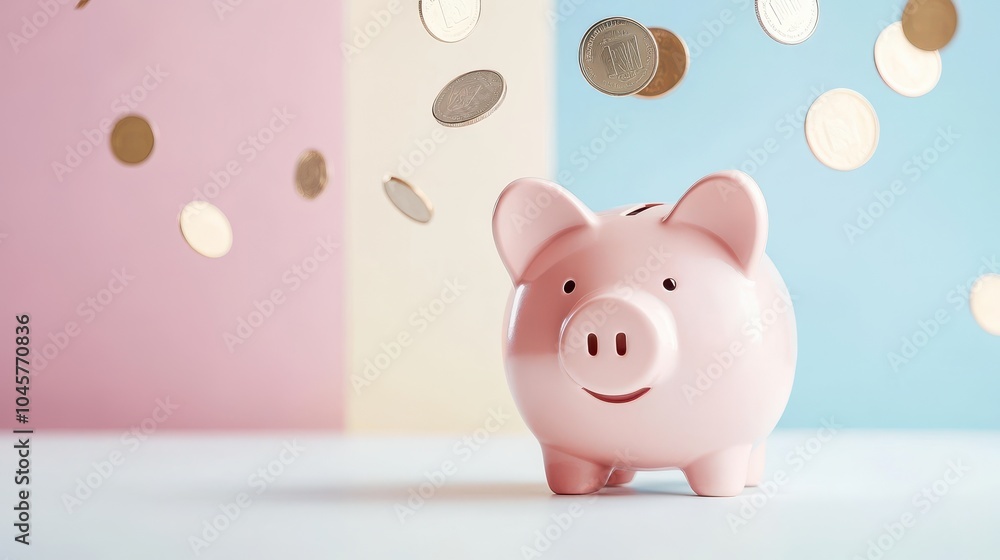 Joyful Piggy Bank with Coins Falling in Background Joyful Piggy Bank with Coins Falling in Background