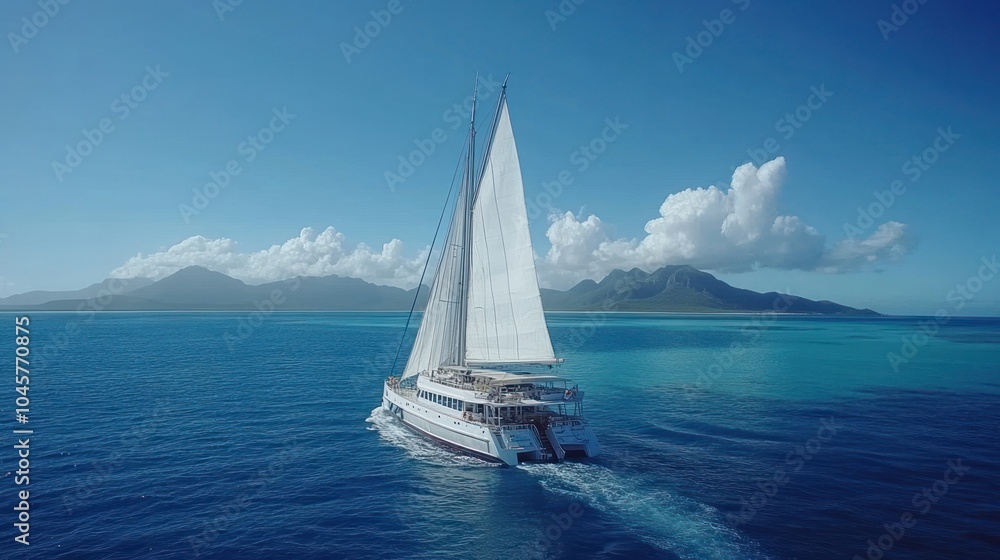 Fototapeta premium A white sailboat sails across the turquoise waters of a tropical lagoon, with lush green mountains in the background.