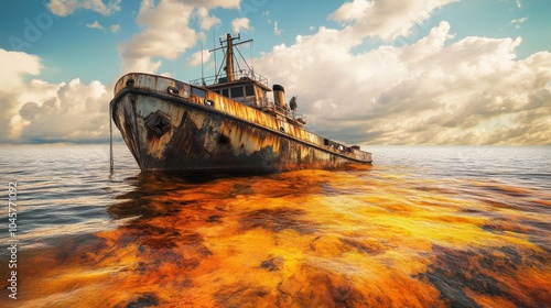 A rusted ship leaks oil marring the tranquility of a clear blue ocean as clouds gather above photo