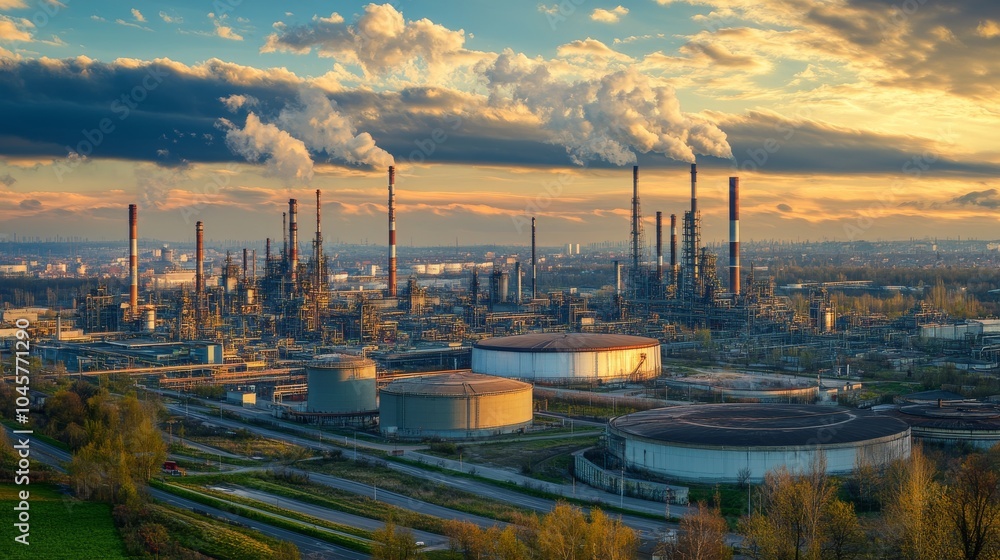 Obraz premium An expansive industrial area illuminated by the warm glow of a setting sun