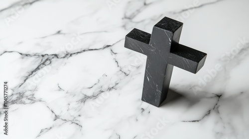 A black cross on a white marble surface, symbolizing faith, purity, and the simplicity of spiritual devotion