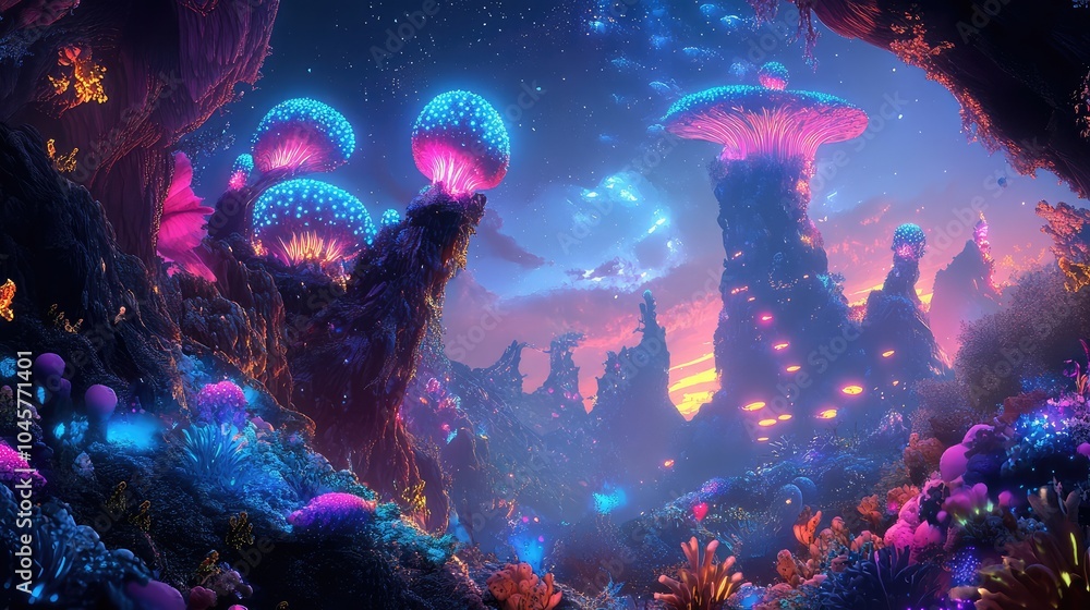 A fantasy world depicted in neon digital art, with glowing creatures and landscapes bursting with color and imagination A fantasy world depicted in neon digital art, with glowing creatures and landscapes bursting with color and imagination