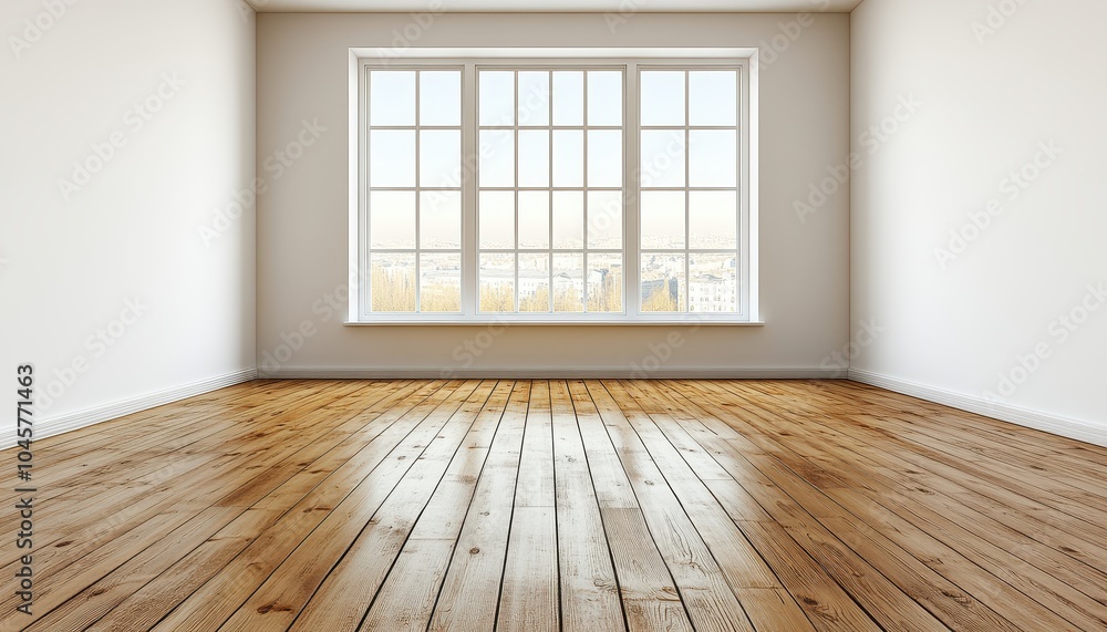 Bright white room with large windows and wooden flooring in daylight Bright white room with large windows and wooden flooring in daylight
