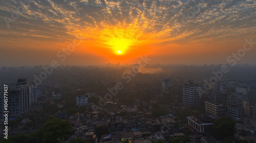 Golden hues illuminate the city skyline showcasing the effects of air pollution at dusk