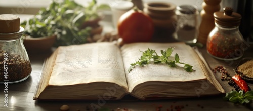 Open cookbook with spices and herbs on a rustic wooden table.