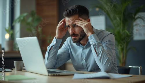 Tired sick male wearing casual style clothing sitting at table in living room, keeping fingers on temples, trying to relax, suffering from headache after long hours working on computer.