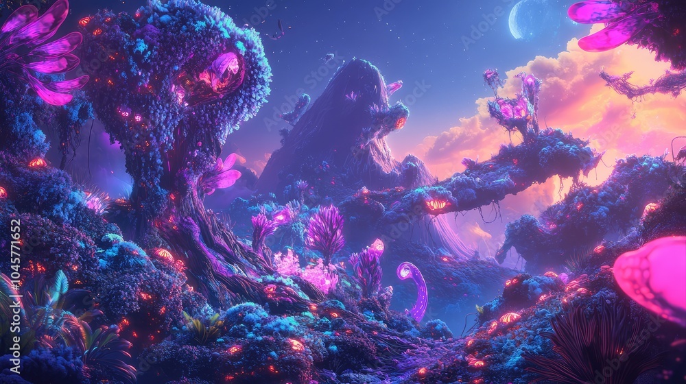 A fantasy world depicted in neon digital art, with glowing creatures and landscapes bursting with color and imagination A fantasy world depicted in neon digital art, with glowing creatures and landscapes bursting with color and imagination