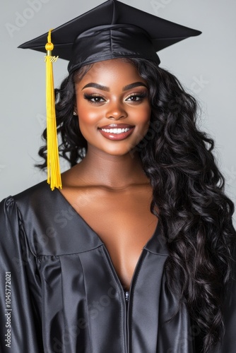 Portrait of Young female graduate on studio background photo