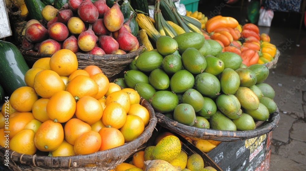 A close-up of fresh fruits and vegetables at a bustling street market, with a variety of colors and textures on display A close-up of fresh fruits and vegetables at a bustling street market, with a variety of colors and textures on display