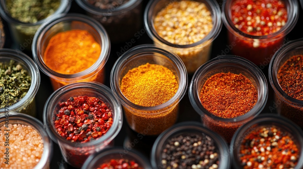 A close-up of small cups filled with different seasonings like pepper, chili, and curry powder, creating a rich spice background for culinary inspiration A close-up of small cups filled with different seasonings like pepper, chili, and curry powder, creating a rich spice background for culinary inspiration