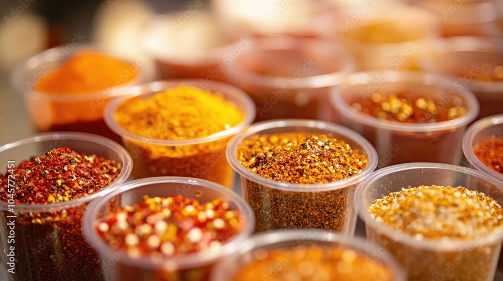 A close-up of small cups filled with different seasonings like pepper, chili, and curry powder, creating a rich spice background for culinary inspiration A close-up of small cups filled with different seasonings like pepper, chili, and curry powder, creating a rich spice background for culinary inspiration