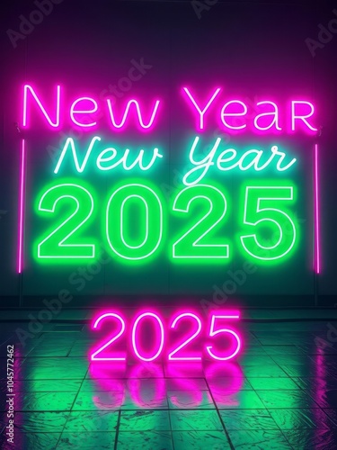 Neon sign, New Year 2025, glowing text, vibrant pink and green colors, reflective surface, dark background, retro futuristic aesthetic, cyberpunk style, nightclub atmosphere, celebration theme, digita