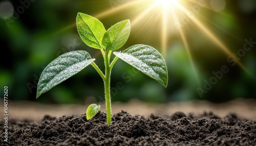 A small plant thriving in rich soil under bright sunlight in a garden