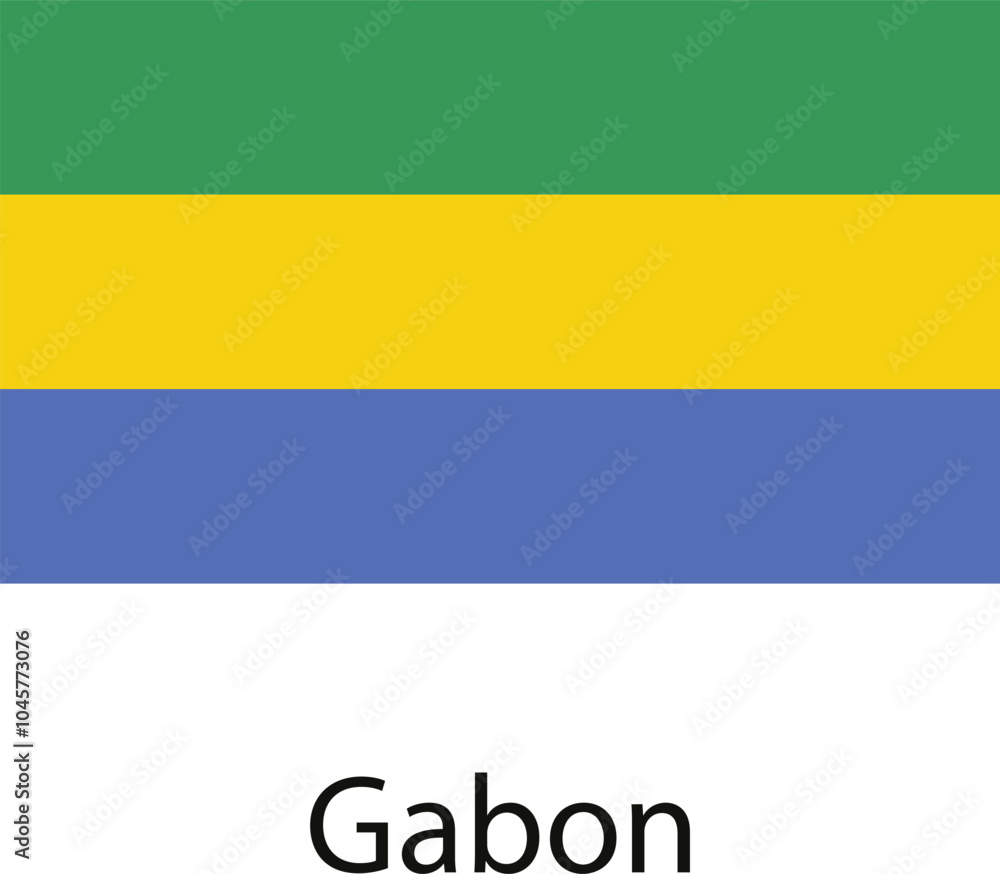 The national flag of Gabon, featuring horizontal stripes of green, yellow, blue, and white. The green represents forests, yellow for the sun, blue for the Atlantic Ocean, and white for peace. The national flag of Gabon, featuring horizontal stripes of green, yellow, blue, and white. The green represents forests, yellow for the sun, blue for the Atlantic Ocean, and white for peace.
