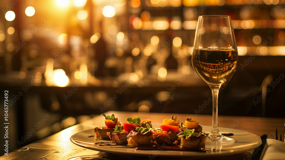 capturing the sophistication of a restaurant table set with a wine glass and gourmet appetizers, against a backdrop of warm capturing the sophistication of a restaurant table set with a wine glass and gourmet appetizers, against a backdrop of warm