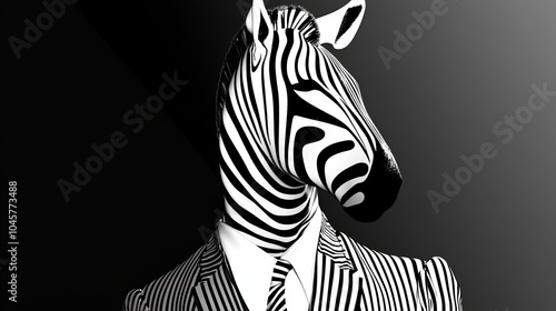 Stylish Zebra in Striped Suit on Black Background
 photo