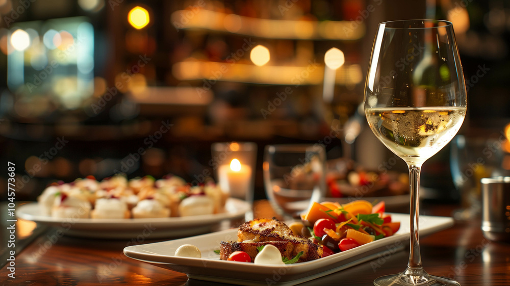 capturing the sophistication of a restaurant table set with a wine glass and gourmet appetizers, against a backdrop of warm capturing the sophistication of a restaurant table set with a wine glass and gourmet appetizers, against a backdrop of warm