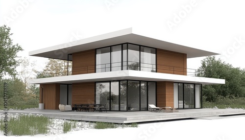 Modern two-story building design sketch featuring large windows and open space