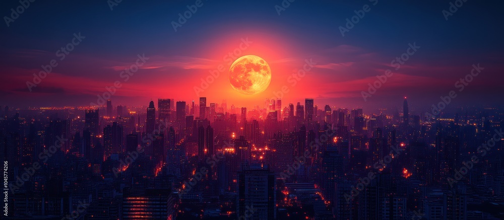 Fototapeta premium A vibrant sunset over a city skyline, casting a warm glow on the urban landscape.