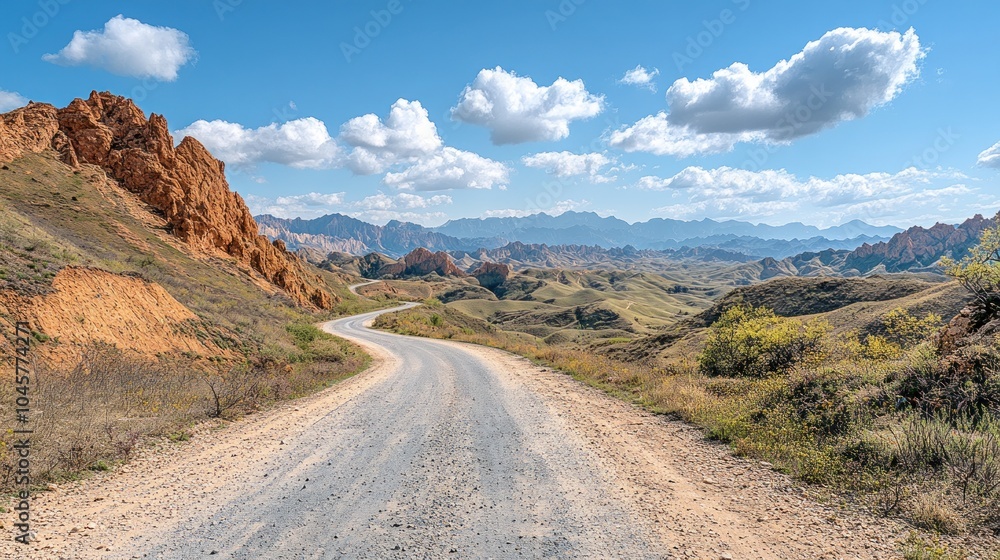 A winding dirt road through a mountainous landscape with blue sky and clouds. A winding dirt road through a mountainous landscape with blue sky and clouds.
