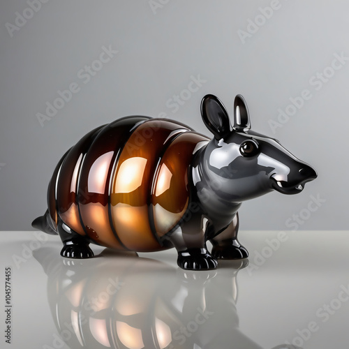 Glossy Stylized Armadillo Sculpture with Dark Brown to Amber Gradient and Metallic Finish on Reflective Surface, Generative AI photo