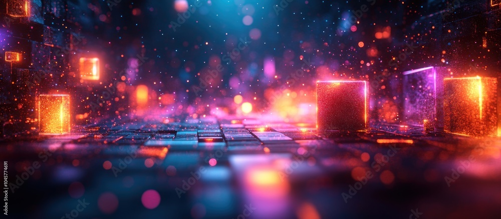 A vibrant digital landscape with glowing cubes and particles, evoking a futuristic atmosphere. A vibrant digital landscape with glowing cubes and particles, evoking a futuristic atmosphere.