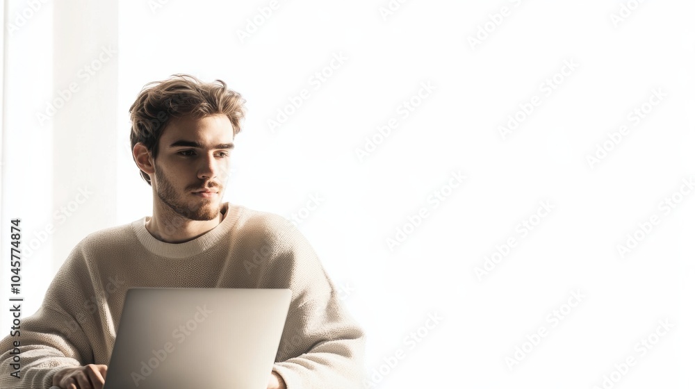 A young man focused on his laptop, engaged in remote work, surrounded by a minimalist white backdrop for inspiration. Generative AI A young man focused on his laptop, engaged in remote work, surrounded by a minimalist white backdrop for inspiration. Generative AI