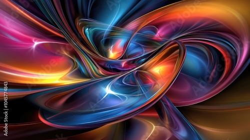 Abstract digital art of swirling neon shapes, with radiant colors blending and pulsating against a dark background